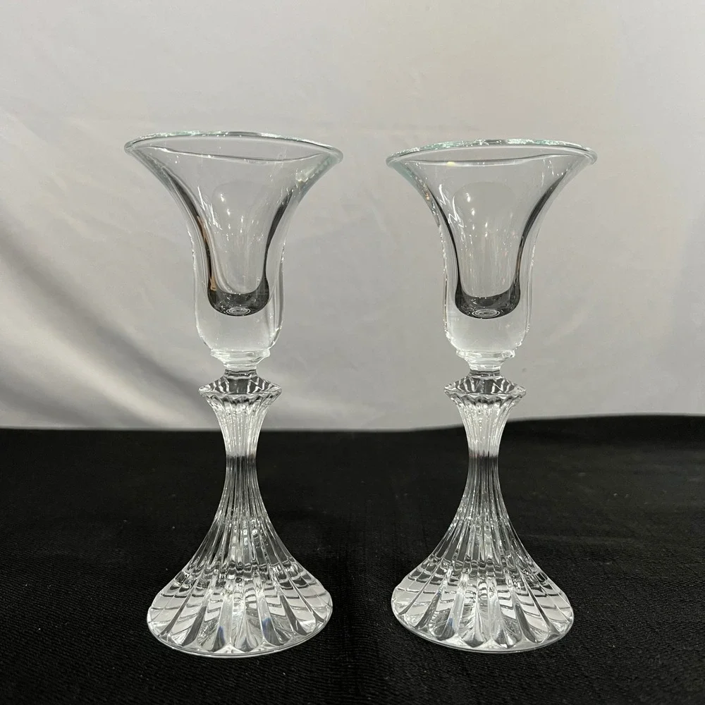 Vintage Clear Fluted Glass Taper Candlestick Holders Set of 2 Trumpet Base 7.25